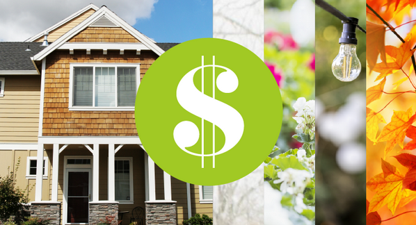 white dollar sign on green circle over a background of a house, and images suggesting winter, spring, summer and fall