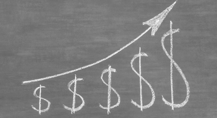 chalk board drawing showing 5 dollar signs increasing in height with curved arrow above