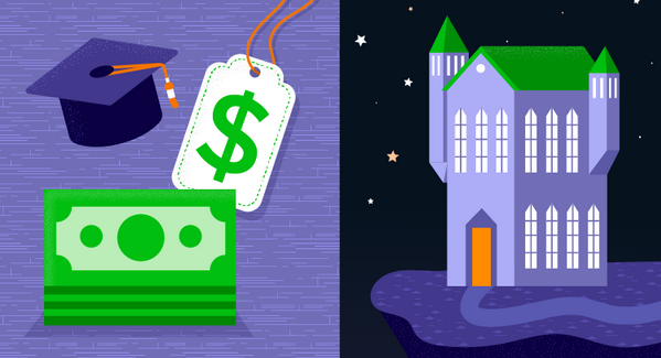 cartoon illustration left side showing graduation cap, price tag and stack of cash. Right side showing haunted house