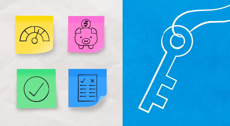 4 sticky notes with sketches of a speedometer, a piggy bank, a check mark and a check list along side a drawing in white of a key on a string against a blue background