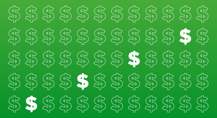 illustration of repeating pattern of small dollar signs against a green background with 4 highlighted dollar signs progressing upwards left to right